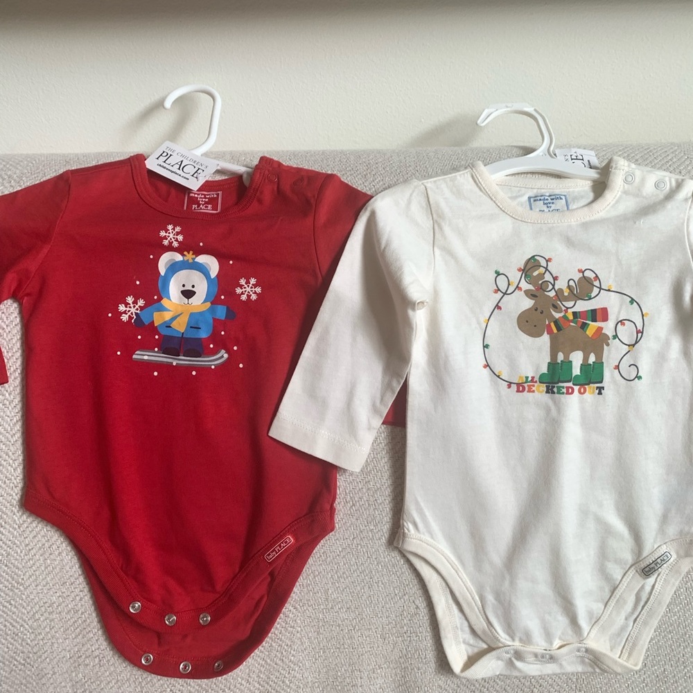 Two Place Christmas Onesies long sleeve boy or girl Size 6-9 months NWT